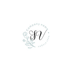Initial letter SV handwriting with floral frame template	