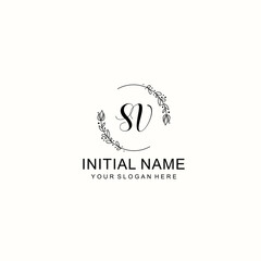 Initial letter SV handwriting with floral frame template	
