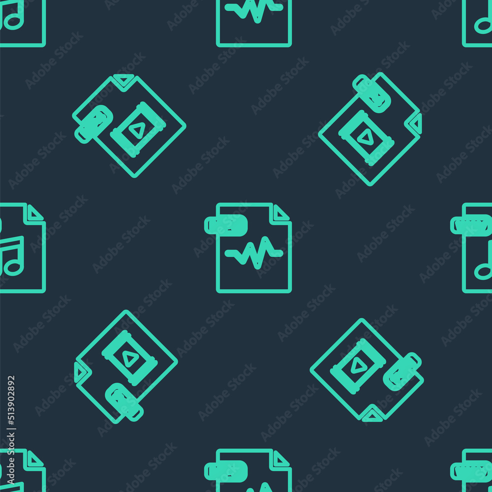 Poster set line mp3 file document, mp4 and wav on seamless pattern. vector