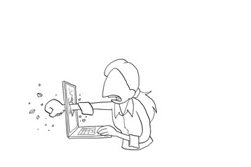 Angry and stress female worker punching the laptop. Female worker pointed at the gun