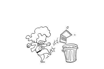 Angry female business woman kicking out laptop to trash can. Stress concept. Cartoon vector illustration design