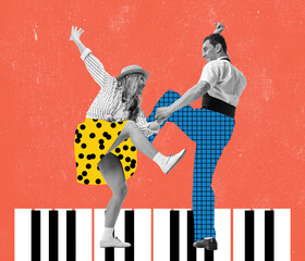 Young happy dancing man and woman in bright retro 70s, 80s style outfits dancing over colored background with drawings. Contemporary art collage.