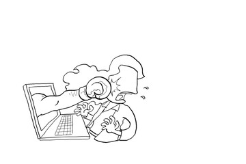 Business woman getting puched by boxer hand appeared from laptop. Overwork concept. Cartoon vector illustration design © rina