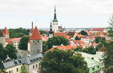 Fototapeta premium Tallinn, Estonia - June 22, 2022: Streets of the old town from a bird's eye view