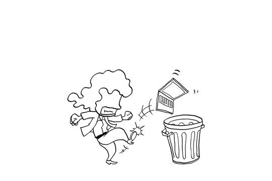Angry female business woman kicking out laptop to trash can. Stress concept. Cartoon vector illustration design