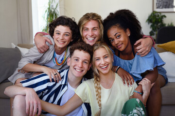 Portrait of diverse group of friends with mixed races having fun together indoors, Friendship and lifestyle concepts