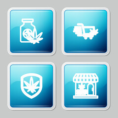 Set line Medical bottle with marijuana, Shopping cart, Shield and and Marijuana cannabis store icon. Vector