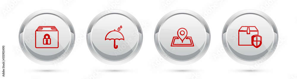 Poster set line locked package, umbrella and rain drops, placeholder on map and delivery box security shiel
