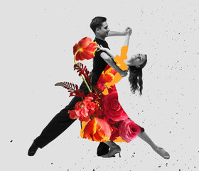 Young dance ballroom couple dancing in sensual pose on light background. Contemporaryart collage....
