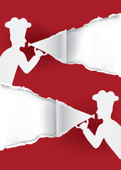 Paper Chefs with megaphone, menu background.
Illustration of red torn paper background with stylized male silhouettes with chef's hat. Template for original advertising banner. Vector available.