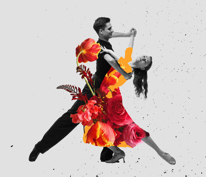 Young dance ballroom couple dancing in sensual pose on light background. Contemporaryart collage. Flower, music, art, emotions concept