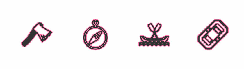 Set line Old wooden axe, Rafting boat, Compass and icon. Vector