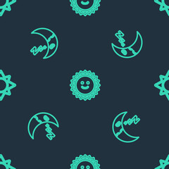 Set line Sun, Moon icon and on seamless pattern. Vector