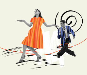 Contemporary art collage. Dancing couple in retro 70s, 80s styled clothes isolated over bright abstract background. Concept of art, music, fashion, party, creativity