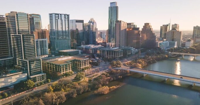 Morning time drone time-lapse of Austin TX, downtown area