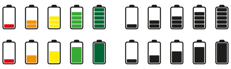 Battery charge many color flat icons. Battery charging, charge indicator. Vector battery power icon powerfully charged. Vector illustration - obrazy, fototapety, plakaty