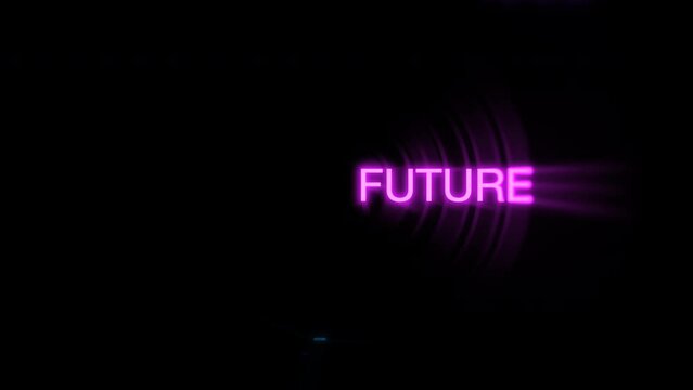 Fly neon Future text on dark space, abstract futuristic, cyber and music style background