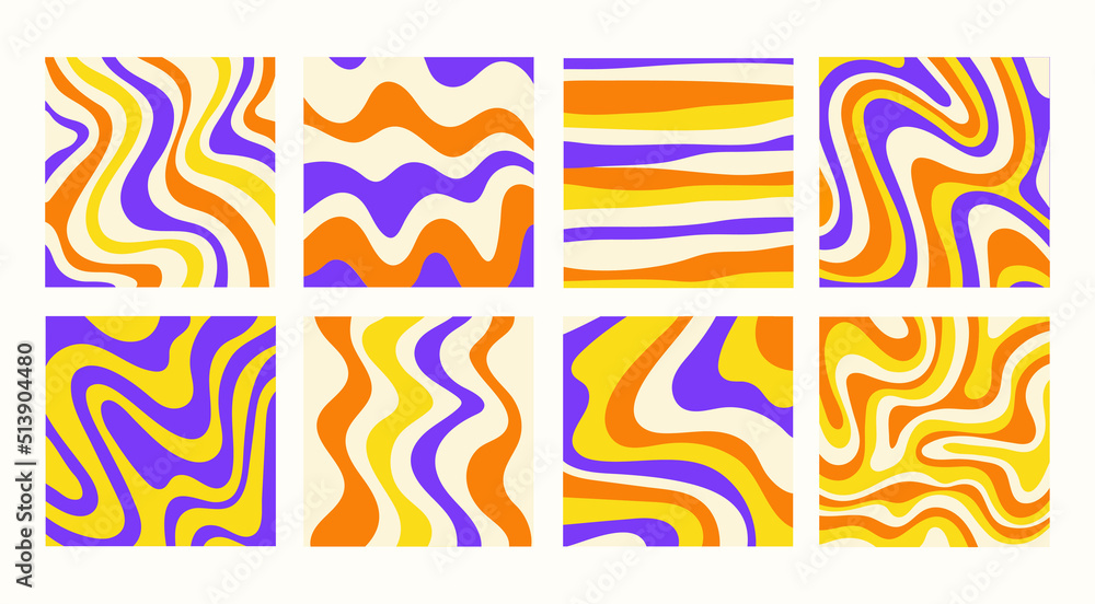 Poster Abstract set square backgrounds with colorful waves. Trendy vector illustration in style retro 60s, 70s. Blue, yellow and orange colors