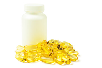 Omega 3 fish oil supplement softgel capsules in bottle, isolated on white background mockup. Health...