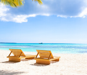 Vacation summer holidays background wallpaper - sunny tropical Caribbean paradise beach with white sand in Seychelles Praslin island Thailand style with palms