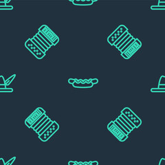 Set line Hotdog sandwich, Accordion and Oktoberfest hat on seamless pattern. Vector