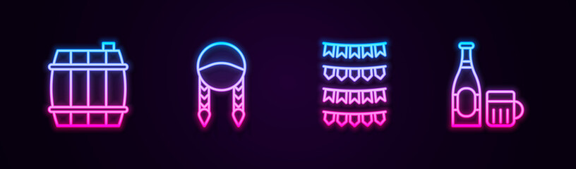 Set line Wooden barrel, Braid, Carnival garland with flags and Beer bottle glass. Glowing neon icon. Vector