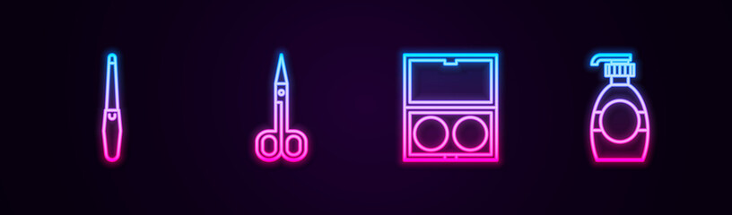 Set line Nail file, Scissors, Makeup powder with mirror and Bottle of liquid soap. Glowing neon icon. Vector