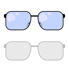 Vector illustration of modern glasses with black frame and blue glass with flare on a white background with shadow