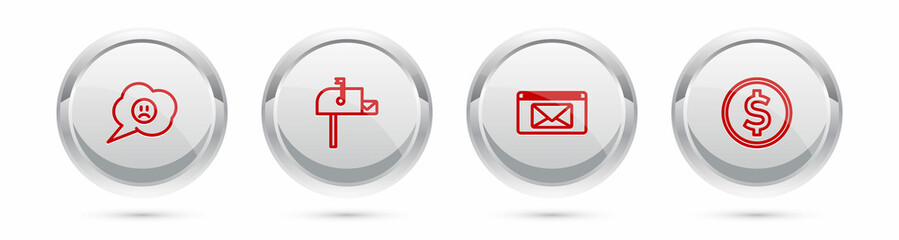 Set line Speech bubble with sad smile, Open mail box, Mail and e-mail and Coin money dollar. Silver circle button. Vector