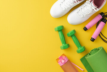Sports concept. Top view photo of pink skipping rope bottle of water dumbbells green sports mat and white sneakers on isolated yellow background with empty space