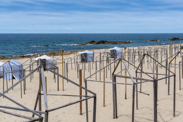 Typical wood structure of beach tents on the atlantic coast of Portugal
