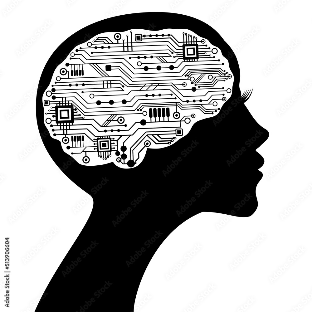 Poster beautiful communication woman profile with circuit techno human brain. artificial intelligence, cybe