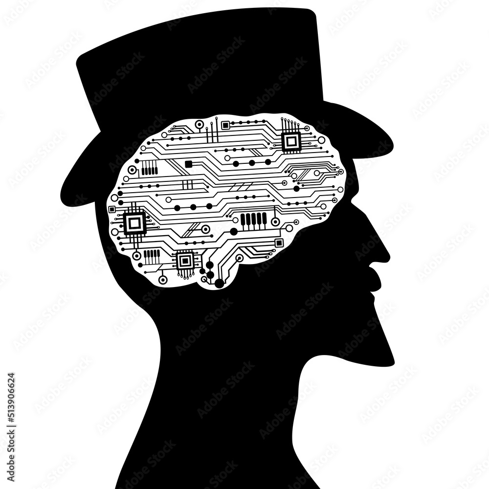 Poster beautiful communication old man profile with circuit techno human brain. artificial intelligence, cy