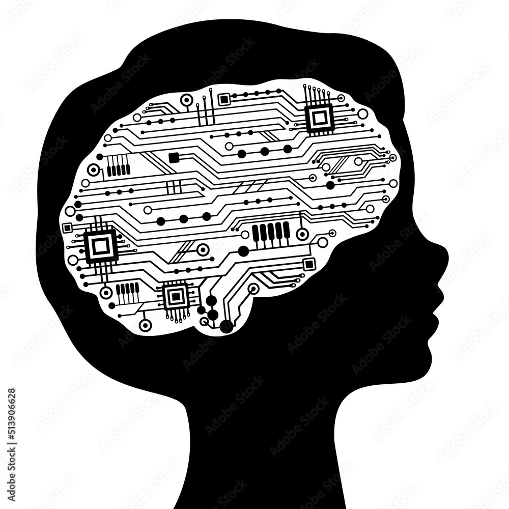 Poster beautiful communication baby profile with circuit techno human brain. artificial intelligence, cyber