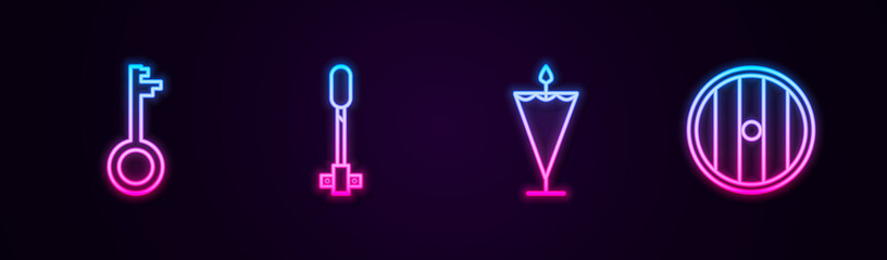 Set line Old key, Torch flame, Medieval flag and Round wooden shield. Glowing neon icon. Vector