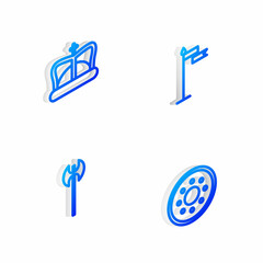 Set Isometric line Medieval flag, King crown, axe and Round wooden shield icon. Vector