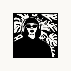 Young stylish girl with sunglasses and Headphones. Portrait of beautiful lady. Monstera plant at background. Black and white square Hand drawn modern Vector illustration. Poster, print, logo template 