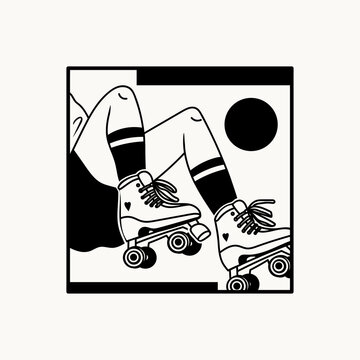 Young lady wearing comfortable long socks and vintage roller Skates. Girl sitting on floor. Close-up look. Black and white square Hand drawn modern Vector illustration. Poster, print, logo template 