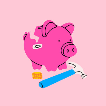 Piggy bank. Broken pig, coins, hammer. Earning money, savings, investment, business advertising concept. Hand drawn bright isolated modern Vector illustration