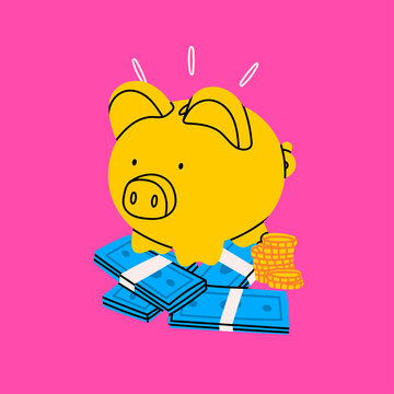 Piggy bank. Piggy on a stack of money, coins. Earning money, savings, investment, business advertising concept. Hand drawn bright isolated modern Vector illustration