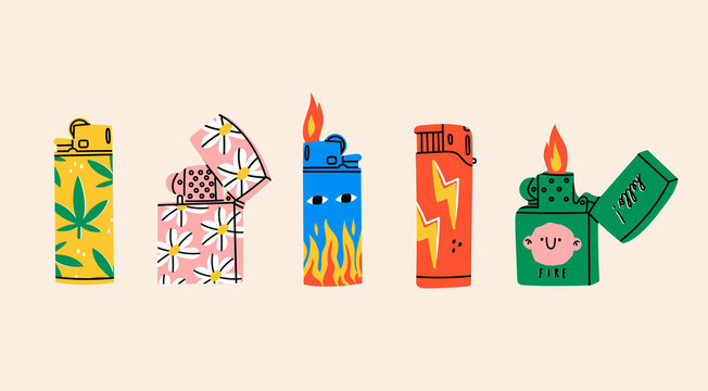 Set of various Lighters. Metal and plastic cigarette lighters with cool colorful prints. Side view. Smoking equipment. Hand drawn modern isolated Vector illustrations. Design, print templates