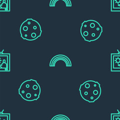 Set line Rainbow, Moon and Weather forecast on seamless pattern. Vector