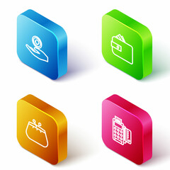 Set Isometric line Hand holding coin money, Wallet with paper cash, and POS terminal credit card icon. Vector
