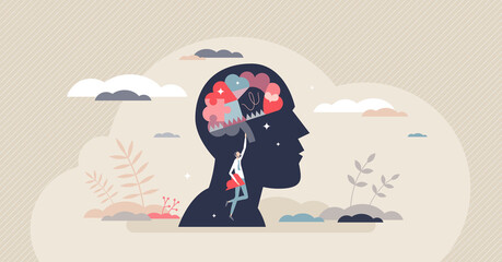 Biological psychology as study of biology of behavior tiny person concept. Mental health research and mind process learning vector illustration. Medical neurology science with person inner thoughts. - obrazy, fototapety, plakaty