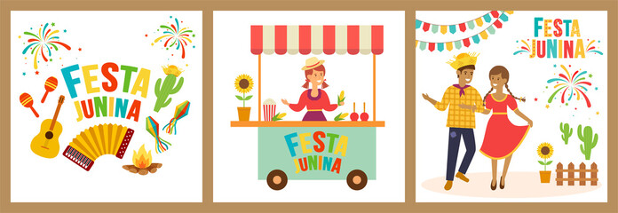 Festa Junina traditional Brazilian festival. Set of symbols accordion, corn, guitar, sunflower, bonfire, cheerful dancing people, festive fireworks.