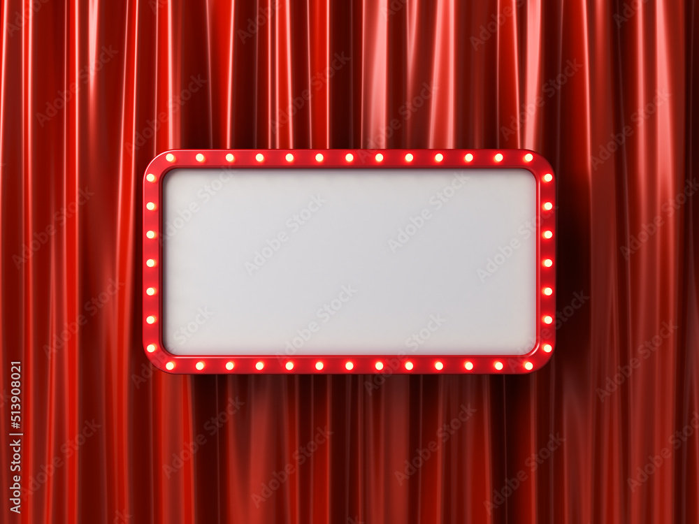 Leinwandbilder retro billboard sign or blank shining signboard with glowing yellow neon light bulbs on red curtain 