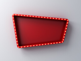 Retro billboard sign box or blank shining signboard with glowing yellow neon light bulbs isolated on white wall background with shadow 3D rendering