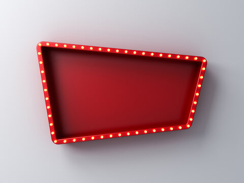 Retro Billboard Sign Box Or Blank Shining Signboard With Glowing Yellow Neon Light Bulbs Isolated On White Wall Background With Shadow 3D Rendering