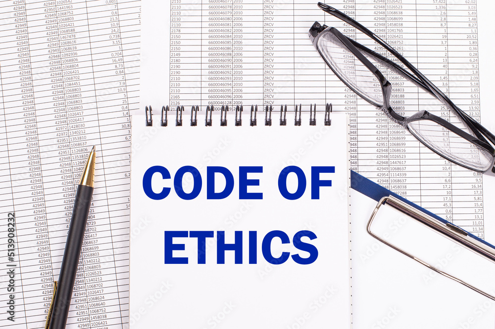 Poster a white notepad with the text code of ethics, a pen, reports and glasses lie on a white office table