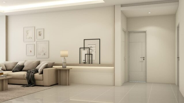 Build up interior mock up the dining room is decorated in a minimalist style. White wood and marble dining table with a gray cloth dining chair and curtains on the windows realistic. 3d render